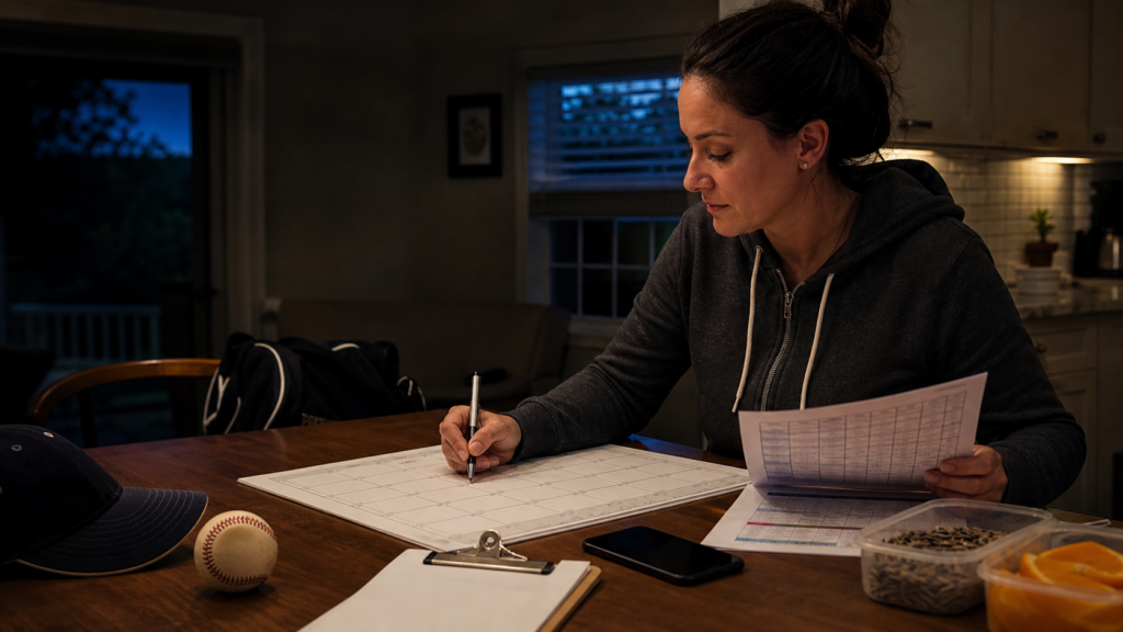 Baseball team mom organizing a youth team calendar and parent checklist